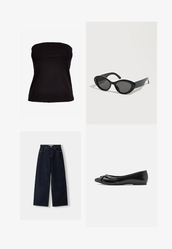 Haut noir sans bretelles en tissu extensible. Texture lisse avec une silhouette ajustée, sans coutures visibles ni ornements.; Jean large en denim bleu foncé à taille haute, avec cinq poches, des coutures contrastées et des éléments en métal argenté. Texture lisse et finition soignée.; Ballerines en cuir verni noir avec un bout pointu, dotées de lanières croisées et d'un petit détail de boucle en argent à l'avant.; Lunettes de soleil noires à forme œil de chat surdimensionnée. Montures en plastique lisse avec des verres foncés et de petits accents étoilés sur les côtés.