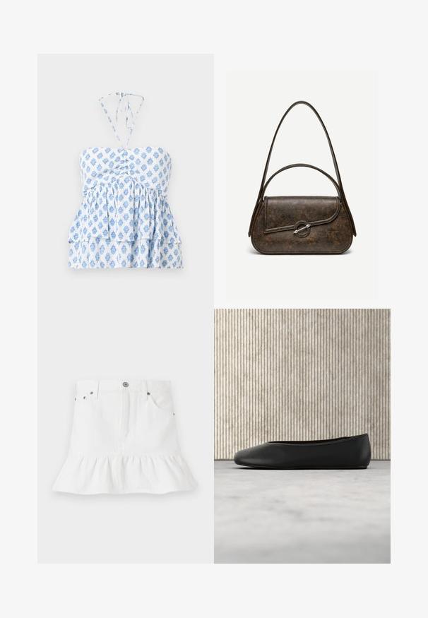 Hollister Co. STRAPLESS CONVERTIBLE DOUBLE TIER BABYDOLL - Top - white; Hvid denimnederdel med flæsekanter, der har et fem-lommers design, frontlukning med knapper og metalhardware detaljer.; Sorte læder balletflade med en rund tå, glat tekstur og en gulds logoaccent på siden. Placeret over en reflekterende overflade.; Mørkebrun tekstureret læderhåndtaske med to stropper, afrundet rektangulær form og sølvfarvet cirkulært låsespænde på frontklap.