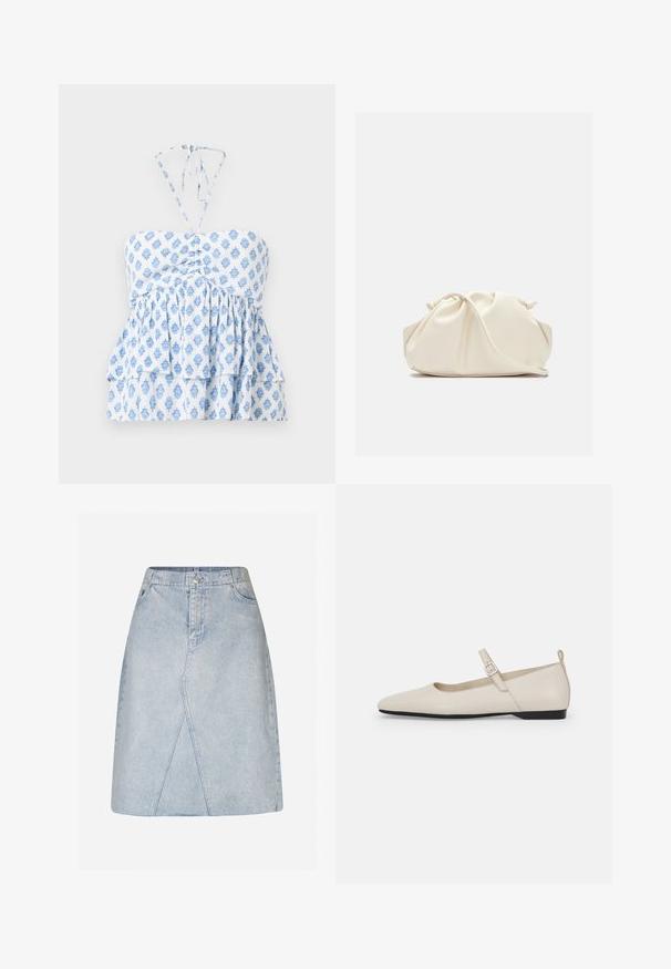 Hollister Co. STRAPLESS CONVERTIBLE DOUBLE TIER BABYDOLL - Μπλούζα - white; Ανοιχτό μπλε τζιν φούστα με εφαρμοστή μέση, A-line σχήμα και διαγώνιες πινελιές σχεδίασης. Διαθέτει μπροστινό κουμπί και φερμουάρ.; Λευκά δερμάτινα μπαλαρίνια με μυτερή μύτη, λουράκι στον αστράγαλο και χαμηλό μαύρο τακούνι. Ομαλή υφή με ελάχιστες λεπτομέρειες.; Μαλακό, κρεμ δερμάτινο τσαντάκι χειρός με σχεδίαση με gathers και λεπτό λουράκι ώμου, τοποθετημένο μπροστά σε απλό φόντο.