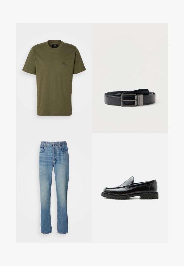 Camiseta de manga corta verde oliva hecha de algodón, con un cuello redondo y un pequeño logotipo bordado en el lado izquierdo del pecho. Textura suave.; Jeans de denim de pierna recta en azul claro con una cintura alta, cierre frontal de botón y cremallera, y diseño de cinco bolsillos.; Mocasín de cuero negro con suela de goma gruesa, empeine cosido y nombre de la marca en relieve en el talón, mostrado en perfil lateral sobre fondo blanco.; Cinturón de cuero negro con textura suave, con una hebilla metálica cuadrada en acabado mate. Decorado con un logotipo de la marca en el cinturón.