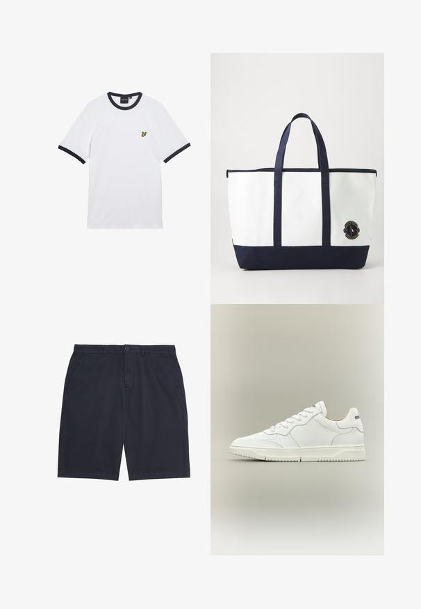 Hvid bomulds t-shirt med marineblå ribstrikket krave og ærmekanter. Har en lille gul broderet logo på brystet.; Marineblå herre-casual shorts med knaplukning, bæltestropper og sidelommer, lagt fladt på en hvid baggrund.; Hvid lavtop-sneakers med snørelukning, glat læderoverdel og mærket detalje på hælen, vist mod en neutral baggrund.; Tote bag lavet af hvidt lærred med marineblå accenter. Har to robuste håndtag og et logo-patch på fronten. Firkantet form.
