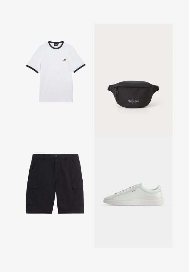 T-shirt en coton blanc avec col et bordures des manches côtelés bleu marine. Présente un petit logo jaune brodé sur la poitrine.; Shorts cargo noirs avec bouton et fermeture éclair à l'avant, deux poches latérales, deux poches cargo à rabat et passants pour ceinture.; Baskets basses blanches en cuir avec lacets, semelle plate et petit logo doré "BOSS" sur le côté, vues de l'extérieur.; Banane noire en nylon durable, dotée d'une poche zippée et d'un logo brodé. Design compact et épuré. Bretelles ajustables.