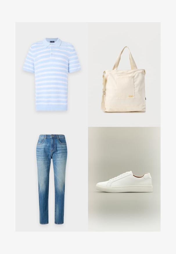 Polo shirt bleu clair à manches courtes, avec des rayures horizontales et un motif texturé. Patte de boutonnage et détail de col côtelé.; Jean en denim bleu clair, coupe droite, avec taille haute, décoloration subtile et style classique à cinq poches. Fermeture à bouton en métal.; Baskets blanches basses avec fermeture à lacets et semelle plate, vues de côté sur un fond neutre.; Sac fourre-tout en toile crème avec poche avant, deux poignées, bandoulière réglable et petit texte jaune "O.N.S" en bas à droite de la poche.