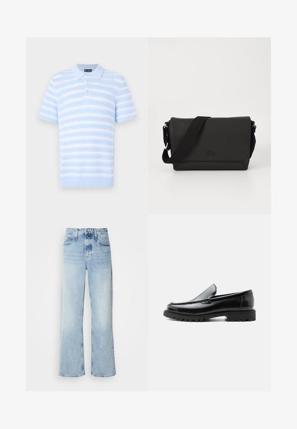 Polo shirt bleu clair à manches courtes, avec des rayures horizontales et un motif texturé. Patte de boutonnage et détail de col côtelé.; Jean large bleu clair à taille haute, avec une finition délavée, des passants de ceinture et un design classique à cinq poches. L'ourlet est brut.; Mocassin en cuir noir avec semelle en caoutchouc épaisse, dessus cousu et nom de marque embossé sur le talon, présenté de profil sur fond blanc.; Lacoste MESSENGER BAG MEN CLASSIC - Sac bandoulière - noir
