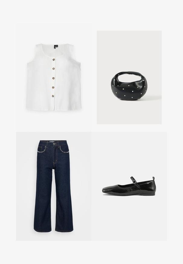 Débardeur blanc sans manches en tissu léger, doté d'un col rond et d'une fermeture à boutons sur le devant avec six boutons ronds marron.; Jean large bleu foncé en denim, avec taille haute, deux poches avant ornées de coutures décoratives et une fermeture à un bouton.; Chaussure plate en cuir verni noir avec un bout pointu, une sangle de cheville avec boucles, et une texture lisse et brillante. Talon bas pour le confort.; Sac à main en cuir noir de forme arrondie, décoré de clous argentés et équipé d'une poignée courte. Texture lisse et fermeture éclair.