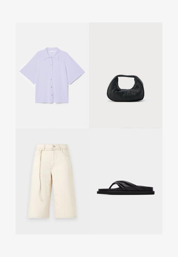 Chemise lavande à manches courtes avec col pointu, fabriquée en tissu lisse, dotée d'un devant boutonné et d'une silhouette carrée.; Short en jean couleur crème longueur genoux avec passants de ceinture, bouton à l'avant, fermeture éclair, poches et une bande de tissu flottante sur le côté gauche.; Sandale plate noire avec bride croisée rembourrée et entre-doigt, design minimaliste sur fond gris clair uni.; Sac hobo tissé noir avec une structure souple et une poignée intégrée, présenté sur un fond clair uni.
