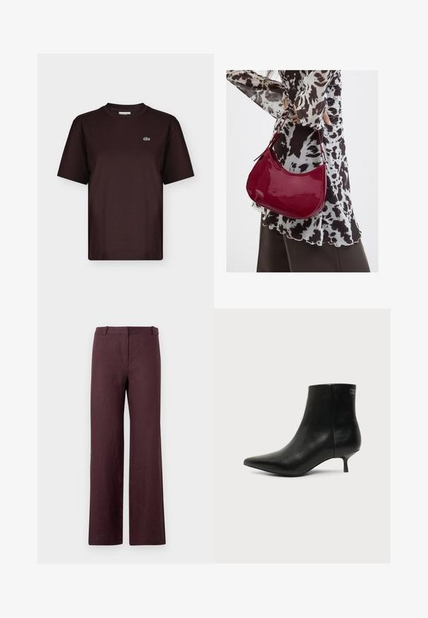 T-shirt marron foncé à manches courtes et col rond avec un petit logo crocodile vert et blanc sur la poitrine gauche.; Pantalon droit marron foncé avec une ceinture et une fermeture avant cachée, présenté sur un fond clair uni.; Bottine en cuir noir avec bout pointu et petit talon kitten sur fond clair, vue côté extérieur.; Femme portant un chemisier à motif noir et blanc tenant un sac à main rouge brillant sur un fond uni.