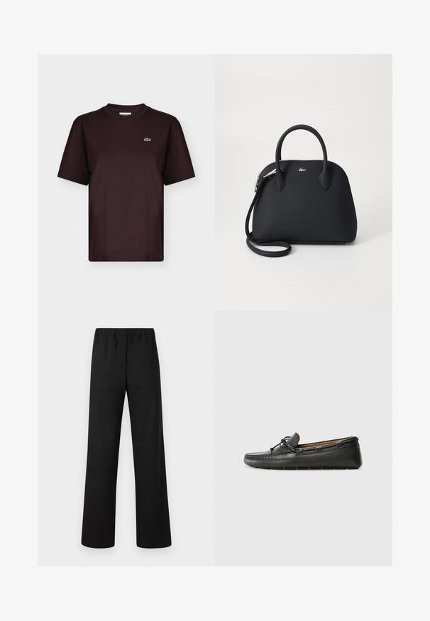 T-shirt marron foncé à manches courtes et col rond avec un petit logo crocodile vert et blanc sur la poitrine gauche.; Pantalon droit à taille élastique noire, confectionné en tissu lisse, devant plat, sans poches apparentes ni décorations.; Bateau en cuir noir avec un bout arrondi, des détails de couture, un petit accent en nœud et une semelle en caoutchouc. Texture lisse et design épuré.; Sac à main noir en matériau texturé, doté de deux poignées supérieures et d'une bandoulière amovible, avec un accent logo en argent.