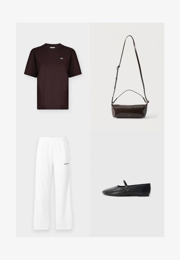 T-shirt marron foncé à manches courtes et col rond avec un petit logo crocodile vert et blanc sur la poitrine gauche.; Pantalon de survêtement blanc avec ceinture élastique et logo Calvin Klein sur la partie supérieure de la cuisse gauche, présenté sur un fond neutre.; Ballerines noires en cuir avec un bout pointu, une semelle plate et une petite sangle avec un détail de boucle en argent.; Petit sac à bandoulière en cuir marron foncé brillant avec bandoulière réglable, poignée supérieure et fermeture éclair dorée.