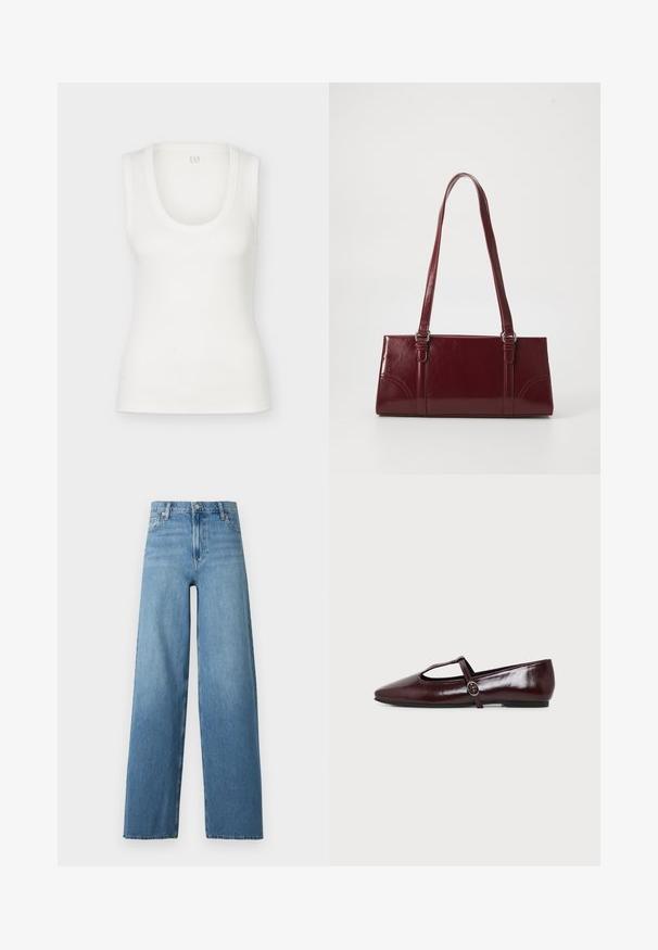 Débardeur blanc côtelé sans manches avec encolure dégagée, présenté à plat sur un fond blanc.; Jean en denim bleu taille haute avec jambes larges, fermeture avant à bouton et fermeture éclair, et design classique à cinq poches.; Chaussure plate en cuir bordeaux foncé avec un bout pointu et une fine bride en T avec une boucle argentée sur fond blanc.; Sac à main bordeaux en matériau brillant, de forme rectangulaire, avec deux anses et des accents légèrement courbés à l'avant.