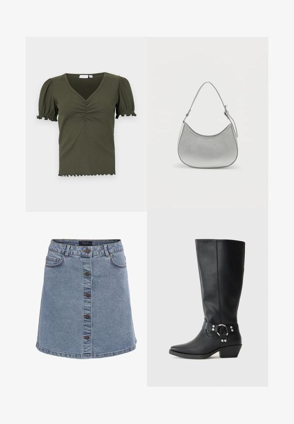 Olivi vihreä, ribbed paita, jossa on V-pääntie, lyhyet puff-hihat ja rypistysohjaus rinnassa. Revitty helma ja hihojen reunat.; Vaaleansinisestä denimhameesta, jonka helma on liehuva, on etunapitus, kaksi sivutaskua ja kontrastitikkaukset.; Mustat nahkaiset polvipituiset saappaat, joissa on terävä kärki, koristeellinen nilkkahihna ja hopeiset yksityiskohdat. Matalat pinotut korkot.; Hopeinen keinonahkainen käsilaukku, jossa on kaareva muoto, lyhyt säädettävä olkahihna ja sileä pinta, jossa on vain vähäistä ompelutyyliä.