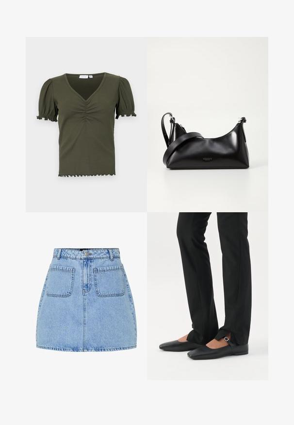 Olijfgroene, geribbelde top met een V-hals, korte pofmouwen en gekreukelde details op de borst. Versleten zoom en mouwranden.; Lichtblauwe denim mini-jurk met een hoge taille, sluiting met knopen aan de voorkant en twee achterzakken. Kenmerkt zich door contrasterende stiksels en een rechte pasvorm.; Benen met zwarte smalle broek met voorsplitten aan de zoom, gecombineerd met zwarte platte Mary Jane-schoenen met een klein gespje.; Zwarte leren handtas met een gladde textuur. Beschikt over een verstelbare schouderband en een strak, minimalistisch ontwerp met een ritssluiting.