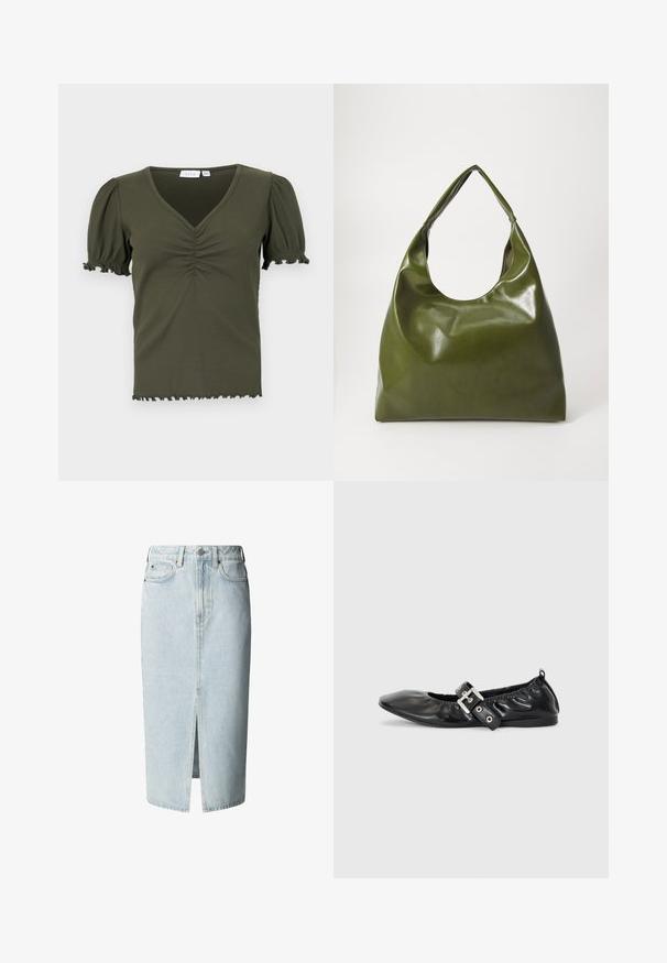 Olivgrünes, geripptes Top mit V-Ausschnitt, kurzen Puffärmeln und Raffung an der Brust. Ausgefranster Saum und Ärmelenden.; Hellblauer Denim-Midirock mit vorderem Schlitz, Gürtelschlaufen, Knopf- und Reißverschluss sowie Front- und Gesäßtaschen.; Schwarze Leder-Ballerinas mit spitzem Zehenbereich, gerafften Details am Schaft und einem silbernen Schnallenakzent am verstellbaren Riemen.; Grüne Leder-Hobo-Tasche mit einem lässigen Design, gebogenem Griff und glatter Textur. Enthält keine sichtbaren Beschläge oder Akzente.