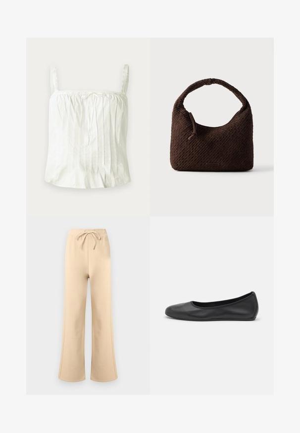 Witte mouwloze top met dunne bandjes, met geplooide textuur en kantaccenten langs de halslijn. Lichte katoenen stof.; Beige sweatpants met wijde pijpen, een elastische tailleband en een trekkoord, subtiele zijnaad en een vaag merklogo bij de taille.; Zwarte leren ballerina met een ronde neus, gladde textuur, minimale stikdetails en een flexibele zoolontwerp.; Bruine geweven handtas met een afgeronde handgreep, gemaakt van textuurmateriaal. Voorzien van een ritssluiting en een klein logodetail.
