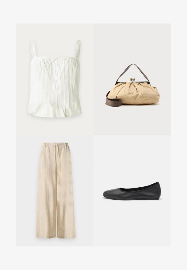 Haut blanc sans manches avec bretelles fines, présentant une texture plissée et des accents en dentelle le long de l'encolure. Tissu en coton léger.; Pantalons large beige clair en tissu doux, ornés de rayures verticales et d'une taille élastique avec un détail de lien à nouer.; Ballerines en cuir noir avec un bout rond, texture lisse, détails de couture minimalistes et design de semelle flexible.; Sac en tissu beige avec un design froncé, poignée en cuir marron et deux fermetures métalliques rondes en haut. Sangle marron réglable incluse.