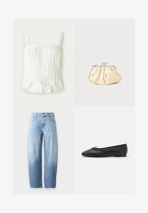 Witte mouwloze top met dunne bandjes, met geplooide textuur en kantaccenten langs de halslijn. Lichte katoenen stof.; Lichtblauwe denim jeans met een hoge taille, brede rechte pijpen, voorste knoop en zakken op een effen achtergrond.; Zwarte leren balletschoen met een ronde neus, strikdetails aan de voorkant en een lage, platte hak. Gladde textuur en gestroomlijnd ontwerp.; Geplooide beige leren clutch met een zilveren metalen frame, voorzien van twee ronde decoratieve sluitingen en een zilveren kettingriem.