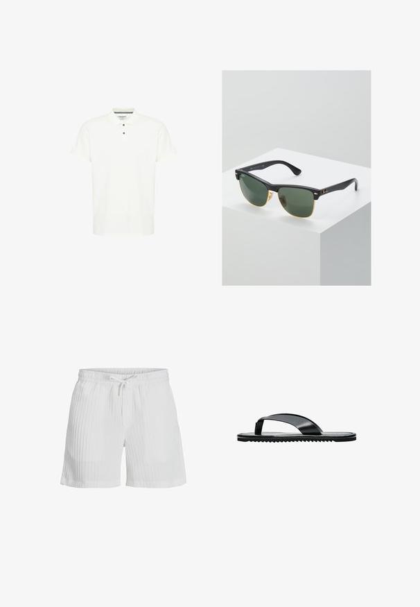 Hvid polo-shirt lavet af bomuld, med en klassisk krave, korte ærmer og en treknapslukning med mørkeblå knapper.; Hvide shorts lavet af struktureret stof med lodrette plisseringer, med elastisk talje og frontal snor til justerbar pasform.; Sort flad flip-flop sandal med bred tårem og tekstureret sål, vist i profil på hvid baggrund.; Ray-Ban solbriller med grønne linser, sorte plastikstel og gyldne detaljer ved kanterne. Firkantet form med mat finish.