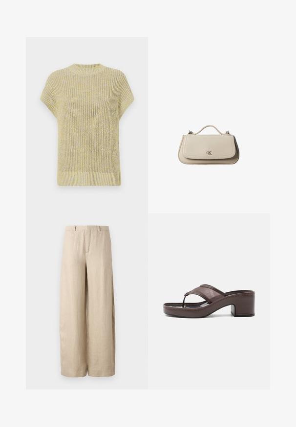 Top de punto de manga corta en amarillo claro con sutiles motas grises. Presenta un cuello redondo acanalado y una tela texturada con un ajuste holgado.; Pantalones anchos color beige, hechos de lino. Presentan un pliegue frontal, dos bolsillos laterales y una cinturilla con pasadores para cinturón. Textura suave.; Sandalia marrón con tacón, banda de malla y diseño de tira, con tacón cuadrado y suela cosida, mostrada de perfil sobre fondo blanco.; Pequeño bolso de mano de cuero beige con asa superior y logo plateado de CK en la solapa frontal, mostrado sobre un fondo blanco.