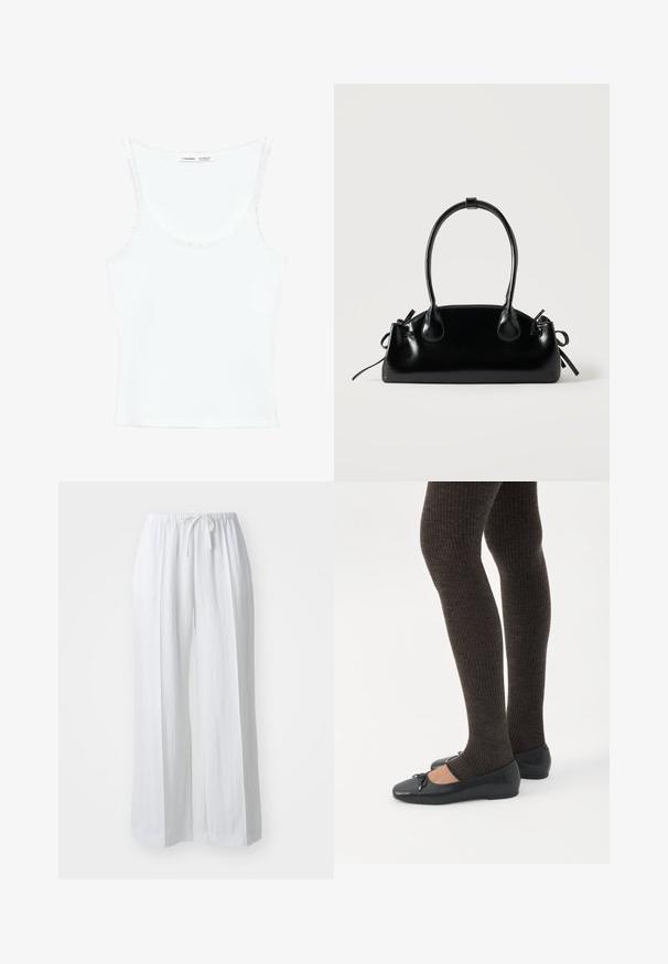 Débardeur blanc sans manches avec bordure en dentelle autour du cou et des emmanchures, étiquette Pull&Bear, fabriqué au Bangladesh.; Pantalons blancs à jambes larges avec un cordon de serrage à la taille. Fabriqués en tissu léger, ils présentent une texture lisse et un design minimal.; Jambes portant des leggings côtelés foncés associés à des ballerines noires avec de petits détails en nœud sur fond blanc.; Petit sac à main noir brillant avec deux longues anses et des détails à cordon sur les côtés sur un fond clair uni.