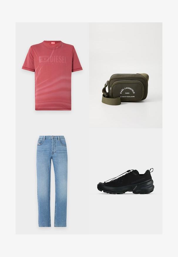 Camiseta corta roja de manga corta hecha de una tela suave que presenta un sutil logotipo "DIESEL" en relieve en el frente. Escote redondo y dobladillos cosidos.; Jeans de mezclilla azul claro con diseño de pierna recta, cierre de botón, estilo de cinco bolsillos y sutil textura desgastada. Silueta clásica de jeans.; Zapatilla baja negra de Salomon con suela resistente, sistema de cordones de tirón rápido y logo de marca sutil en el lateral.; Bolso cruzado verde oliva hecho de material texturizado, con compartimentos de doble cremallera y marca impresa en blanco en la parte frontal. Correa ajustable.