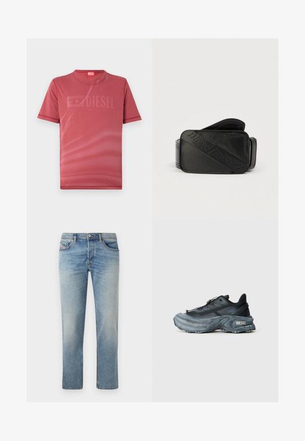 Camiseta corta roja de manga corta hecha de una tela suave que presenta un sutil logotipo "DIESEL" en relieve en el frente. Escote redondo y dobladillos cosidos.; Jeans de denim azul claro con un diseño de pierna recta. Las características incluyen cinco bolsillos, pasadores para cinturón y un ligero desgaste en la tela.; Zapatilla Diesel en negro y gris con suela gruesa, cierre de cordón y diseño texturizado sobre un fondo liso de color gris claro.; Cinturón negro con un diseño texturizado y un logotipo en relieve prominente. El material parece suave con un acabado similar al cuero.