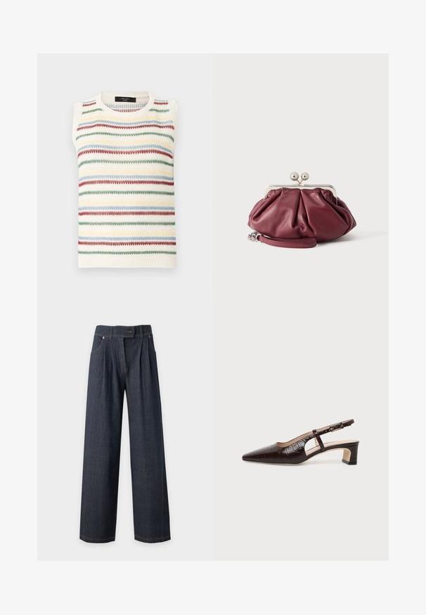 Gilet en tricot sans manches couleur crème avec des rayures horizontales aux motifs texturés verts, bleus, rouges et jaunes sur un fond clair.; Jean en denim bleu foncé à large jambe, taille haute, plis devant, fermeture par boutons et poches avant sur un fond clair uni.; Chaussure slingback en cuir marron foncé à texture crocodile, bout pointu, talon bas bloc et bride ajustable avec boucle dorée.; Petite pochette en cuir bordeaux avec fermoir en métal argenté et bracelet pour poignet sur fond blanc.