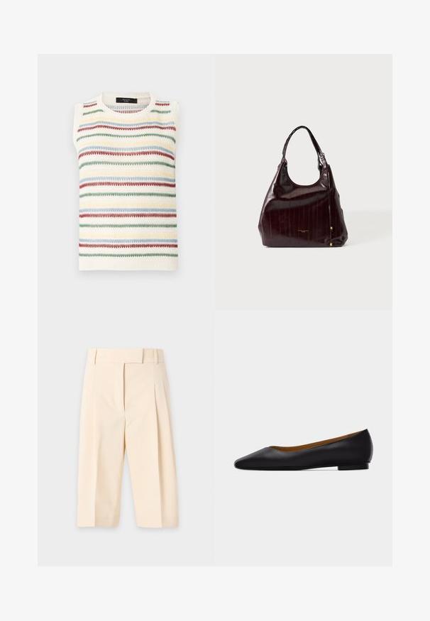Gilet en tricot sans manches couleur crème avec des rayures horizontales aux motifs texturés verts, bleus, rouges et jaunes sur un fond clair.; Pantalon cropped beige taille haute avec passants de ceinture, plis à l'avant et fermeture avant dissimulée.; Chaussure plate en cuir noir à bout pointu avec talon bas et finition lisse, vue de côté sur un fond gris clair.; Sac à main en cuir brun foncé brillant avec une seule poignée et de subtiles rayures verticales embossées, présenté sur un fond clair uni.