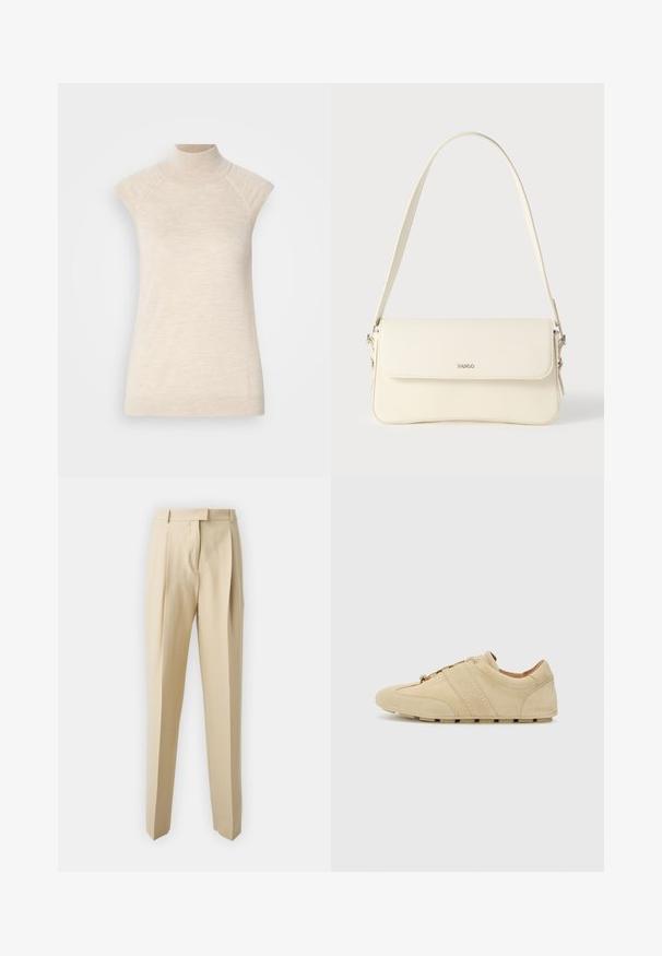 Haut sans manches beige à col montant, fabriqué en tissu doux et texturé. Dispose d'épaules raglan et d'une silhouette ajustée. Convient pour des tenues superposées.; Pantalons beiges ajustés avec une coupe droite, dotés de plis, d'une ceinture et d'une texture lisse. Pas de poches visibles ni d'ornements.; Baskets en suède tan au design minimaliste, bout rond et semelle en caoutchouc. Présente deux bandes verticales et un laçage. Texture lisse.; Sac à bandoulière en cuir couleur crème avec fermeture à rabat, quincaillerie argentée, une bandoulière réglable et un logo discret.