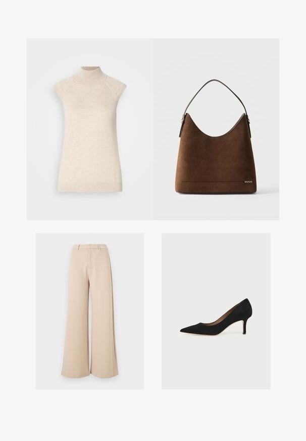 Beige, ärmelloses Top mit hohem Kragen, aus weichem, strukturiertem Stoff. Verfügt über Raglanärmel und eine taillierte Silhouette. Eignet sich gut für Schichtlooks.; Beige, hoch taillierte, weit geschnittene Hose mit Gürtelschlaufen und verdecktem Verschluss vorne vor weißem Hintergrund.; Schwarzer Wildleder-Pumps mit spitzer Zehenpartie, mittelhohem Stilettoabsatz und hellbrauner Innensohle auf hellem Hintergrund.; Braune Wildleder-Handtasche mit einem Henkel, gebogener oberer Kante und kleinem metallischen "HUGO"-Logo unten rechts vorne.
