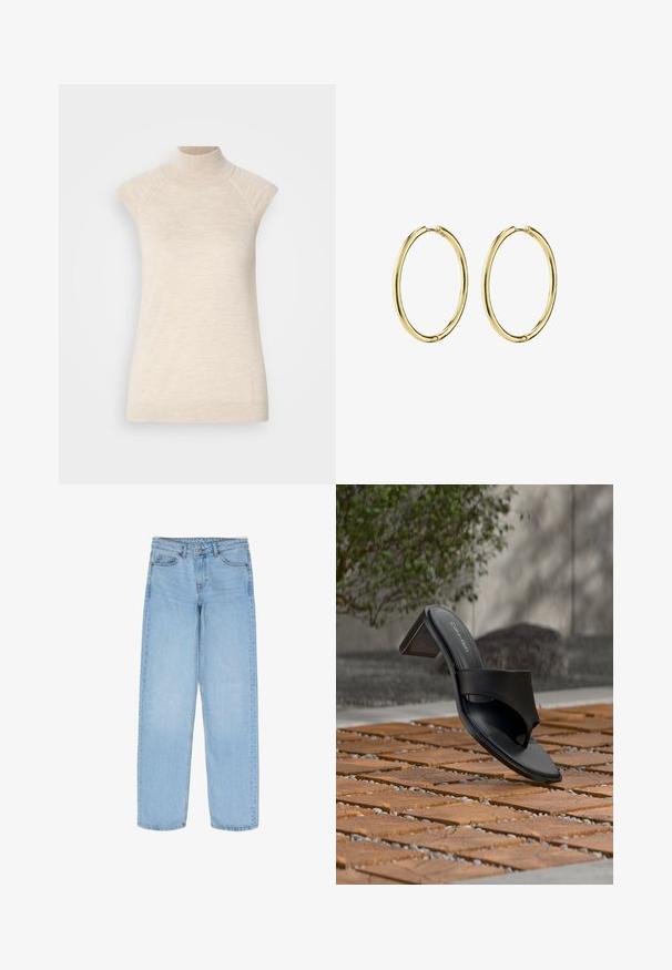 Beige højhalset ærmeløs top, lavet af blød, tekstureret stof. Har raglan-skulder og en tætsiddende silhuet. Velegnet til lagdelte outfits.; Lyseblå denim jeans med lige ben, fem-lomme design og subtile stikninger på taljen og lommerne.; Sort Calvin Klein hælet sandal med tå-loop på trægulv udendørs nær et træ og en stenmur.; Guld hoop øreringe med en glat, rund form, der har en poleret finish og en sikker lukning for nemt brug.