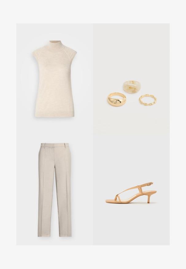 Beige højhalset ærmeløs top, lavet af blød, tekstureret stof. Har raglan-skulder og en tætsiddende silhuet. Velegnet til lagdelte outfits.; Beige bukser med lige ben, frontfolder, bæltestropper og skjult frontlukning, vist på en ensfarvet hvid baggrund.; Nude strappy hæl sandaler med en tynd ankelrem, en glat teksturoverflade og en spids 5 cm hæl. Minimalistisk design med en flad tåbund.; Tre ringe på en hvid overflade: en skinnende guldfarvet kuppel-formet, en cremet marmoreret stor, og en tynd guldfarvet med afrundede perler.