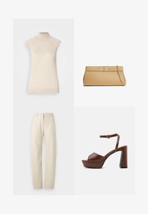 Beige hooggesloten mouwloze top, gemaakt van zachte, gestructureerde stof. Beschikt over raglan-schouderpassen en een getailleerde pasvorm. Geschikt voor gelaagde outfits.; Beige rechte broek met knoop- en ritsluiting, lussen voor een riem en zijzakken op een effen witte achtergrond.; Bruine leren platformsandaal met dikke hoge hak, open teen en verstelbare enkelband met gouden gesp, zijaanzicht.; Rechthoekige clutch tas van tan leer met goudkleurige kettingriem en draaiknopsluiting op een effen witte achtergrond.