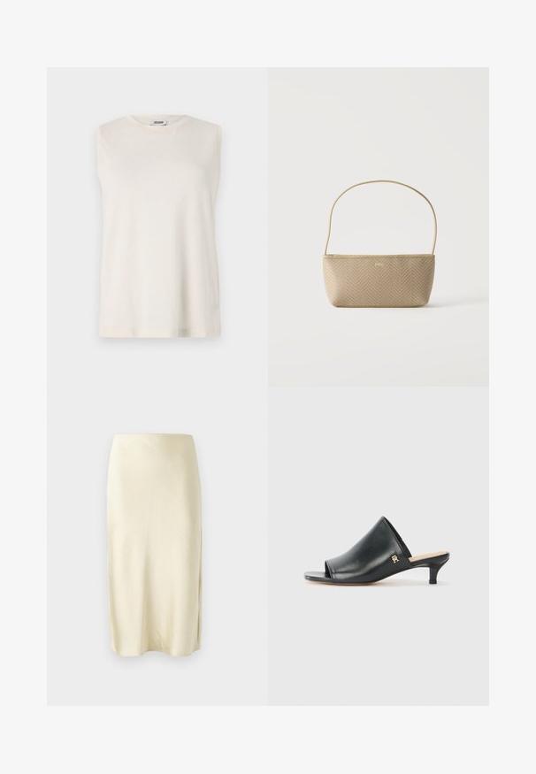 Top sin mangas de tejido beige claro, con cuello redondo y un corte relajado. Textura suave sin adornos ni patrones.; Falda midi de satén en amarillo pálido con una textura suave, que presenta una abertura lateral y un diseño de corte recto. Silueta simple y elegante.; Mules de cuero negro de punta abierta con un tacón bajo. Presentan una superficie lisa y un acento del logo dorado en el costado.; Bolso tejido beige con correa delgada para el hombro y pequeño logo dorado "BOSS" en el frente, presentado sobre un fondo blanco liso.
