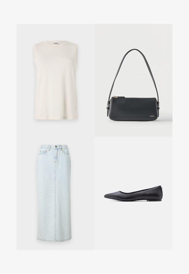 Ærmeløs top i lys beige stof med rund halsudskæring og en afslappet pasform. Glat tekstur uden dekorationer eller mønstre.; Lyseblå denim maxi-nederdel med lige design, frontknaplukning og synlige syninger. Har to frontlommer.; Sort flad lædersko med spidst tåparti og lav hæl, vist i sideprofil mod en hvid baggrund.; Sort rektangulær skuldertaske i læder med guld lynlås og lille guld "HUGO"-logo på fronten, med justerbar strop med spænde.