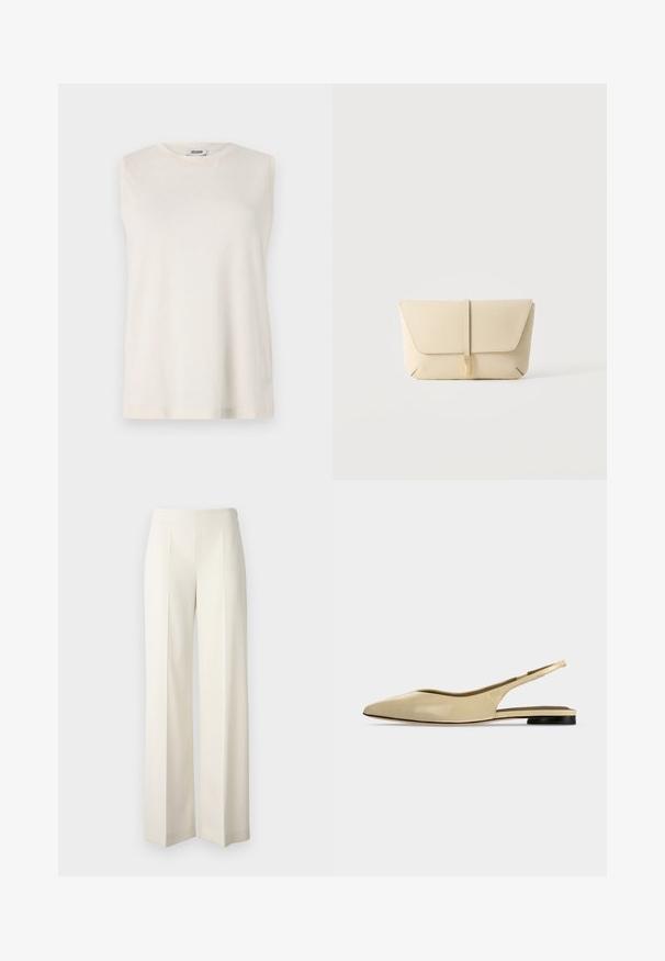 Top sin mangas de tejido beige claro, con cuello redondo y un corte relajado. Textura suave sin adornos ni patrones.; Pantalones de pierna ancha blancos, confeccionados en una tela suave con pliegues en la parte delantera. Diseñados con una cintura alta y un acabado limpio.; Zapato plano beige con puntera puntiaguda, diseño slingback, tacón bajo negro y acabado en cuero liso, mostrado de perfil sobre un fondo liso.; Bolso de mano beige de cuero con solapa frontal y cierre vertical con correa, sobre un fondo claro y liso.