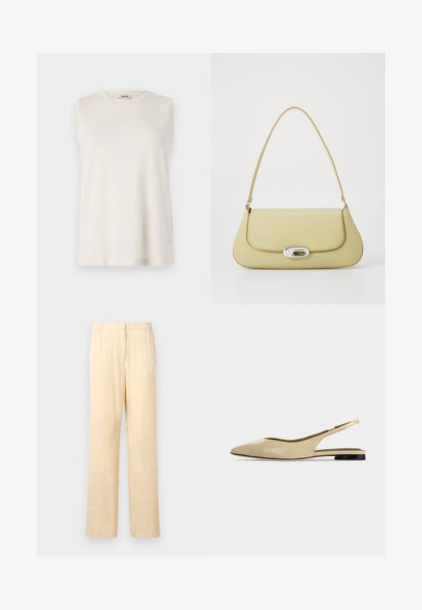 Top sin mangas de tejido beige claro, con cuello redondo y un corte relajado. Textura suave sin adornos ni patrones.; Pantalones sueltos de color amarillo claro con un sutil estampado de hojas. Cuentan con una cinturilla elástica y un diseño de pierna recta. Textura suave.; Zapato plano beige con puntera puntiaguda, diseño slingback, tacón bajo negro y acabado en cuero liso, mostrado de perfil sobre un fondo liso.; Bolso de cuero amarillo con forma redondeada, una correa de hombro única y un cierre ovalado de hardware plateado que presenta el nombre de la marca.