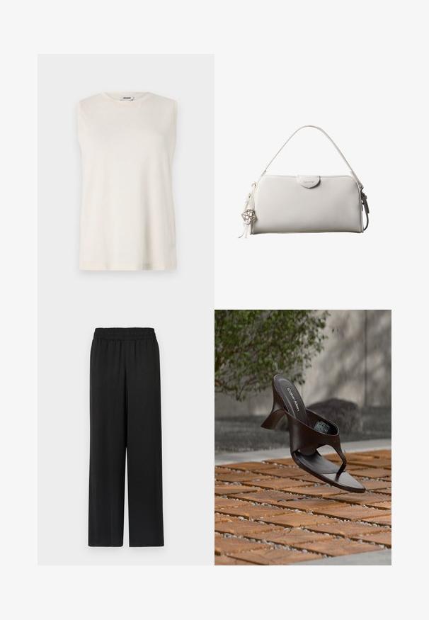 Top sin mangas de tejido beige claro, con cuello redondo y un corte relajado. Textura suave sin adornos ni patrones.; Pantalones negros de pierna ancha con cinturilla elástica, hechos de una tela suave y ligera. Presenta un corte recto y sin patrones visibles.; Sandalia de tiras con tacón marrón de Calvin Klein suspendida sobre suelo exterior de loseta de madera y grava, con fondo desenfocado de vegetación y piedras.; Bolso rectangular blanco de Calvin Klein con un solo asa, diseño minimalista y borlas decorativas con un charm metálico geométrico en el lateral.