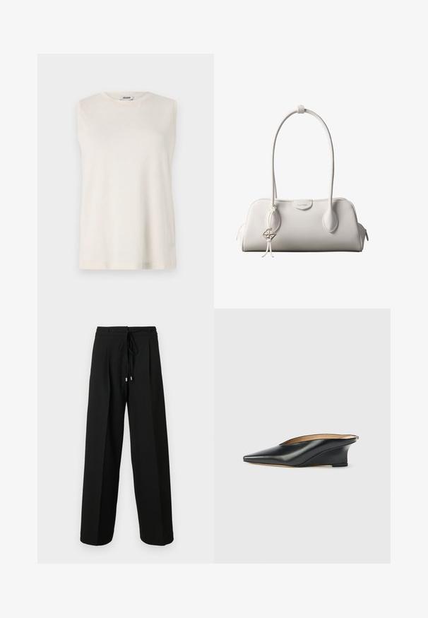 Top sin mangas de tejido beige claro, con cuello redondo y un corte relajado. Textura suave sin adornos ni patrones.; Pantalones negros de pierna ancha con cintura ajustable mediante cordón, con pliegues y textura suave. El diseño destaca la comodidad y un ajuste holgado.; Zapato cuña de charol negro con punta puntiaguda y talón descubierto, con un diseño elegante y curvado de estilo minimalista.; Bolso de hombro blanco de Calvin Klein con asas largas, forma rectangular, cierre de cremallera y charm decorativo con el logo colgando cerca del asa.
