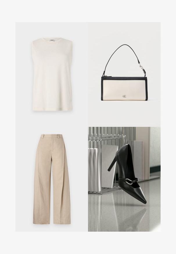 Top sin mangas de tejido beige claro, con cuello redondo y un corte relajado. Textura suave sin adornos ni patrones.; Pantalones de lino beige de pierna ancha con cintura alta, que presentan una textura suave y líneas limpias, diseñados para un ajuste relajado.; Zapato de tacón alto negro con puntera y correa con hebilla plateada, colocado sobre una superficie reflectante cerca de un organizador de archivos metálico que sostiene papeles.; Clutch rectangular crema con ribete y asa negros, con un pequeño logo "cK" plateado en el centro delantero.