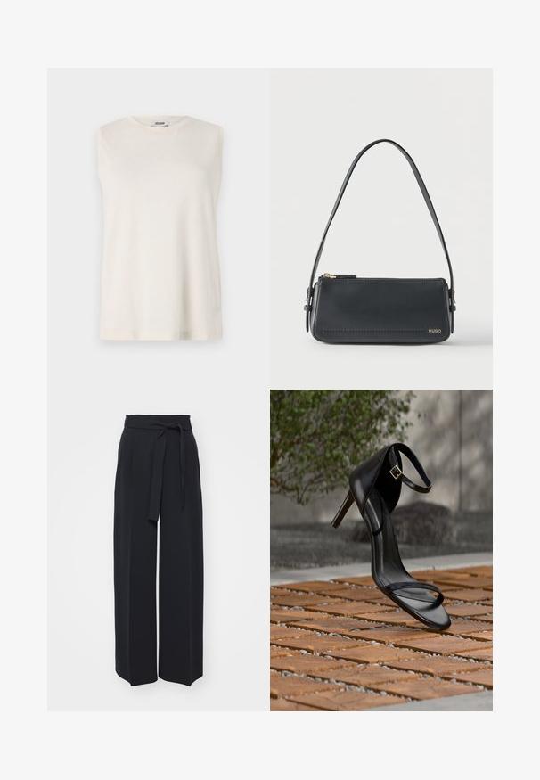 Top sans manches en tissu beige clair, avec un col rond et une coupe décontractée. Texture lisse sans embellissements ni motifs.; Pantalons noirs à jambes larges en tissu doux. Dotés d'une taille ceinturée et de plis avant. Texture lisse avec un design épuré et contemporain.; Sandale noire à talon haut avec sangle à la cheville, suspendue au-dessus d'un sol en carreaux de bois à l'extérieur, avec un arrière-plan flou de verdure et de pierre.; Sac à bandoulière rectangulaire en cuir noir avec fermeture éclair dorée et petit logo "HUGO" doré sur le devant, doté d'une sangle réglable avec boucle.