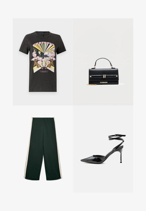 Sort bomulds t-shirt med et farverigt grafisk design med tigre, blomster og geometriske former. Teksten "GRATEFUL" er fremtrædende.; Mørkegrønne bukser med vide ben og hvide sidelister, flad front og uden synlige lommer, lagt fladt på en hvid baggrund.; Sort laklæder spids tå stilet hæl med tynde ankremme og lille spænde.; Sort rektangulær Steve Madden håndtaske med top håndtag, krokodille-textureret stropdetalje, guld hardware og en guldkæde på hvid baggrund.