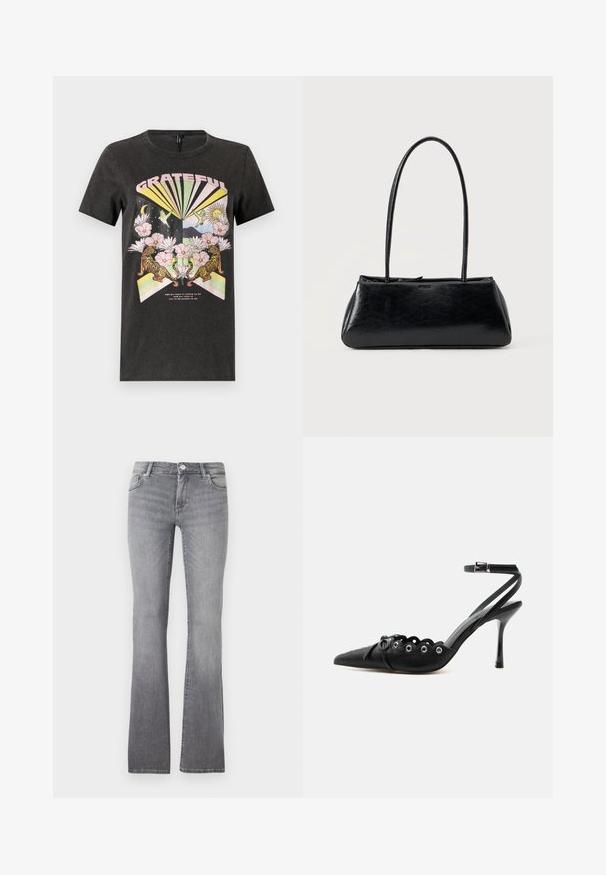 Zwarte katoenen T-shirt met een kleurrafische print van tijgers, bloemen en geometrische vormen. De tekst "GRATEFUL" staat prominent weergegeven.; Grijze flared jeans van denim met een zachte textuur, met een vijf-pocket ontwerp en een metalen knoopsluiting bij de taille.; Zwarte pumps met hoge hak en spitse neus, gegolfde randen, metalen oogjes, vetergespsluiting aan de voorzijde en enkelriem met gespsluiting.; Zwarte rechthoekige schoudertas met lange dunne banden en een gladde, glanzende textuur op een effen achtergrond.