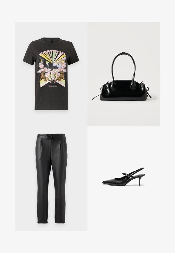 Zwarte katoenen T-shirt met een kleurrafische print van tijgers, bloemen en geometrische vormen. De tekst "GRATEFUL" staat prominent weergegeven.; Zwarte leren broek met een zachte textuur, voorzien van een trekkoord in de taille, voorplooien en een getailleerde pasvorm.; Zwarte leren slingback hakken met een puntige neus, slanke verstelbare band en een ongeveer 5 cm hoge stiletto hak, met een gladde textuur.; Kleine zwarte glanzende handtas met twee lange hengsels en zijkant trekkoord details op een effen lichte achtergrond.