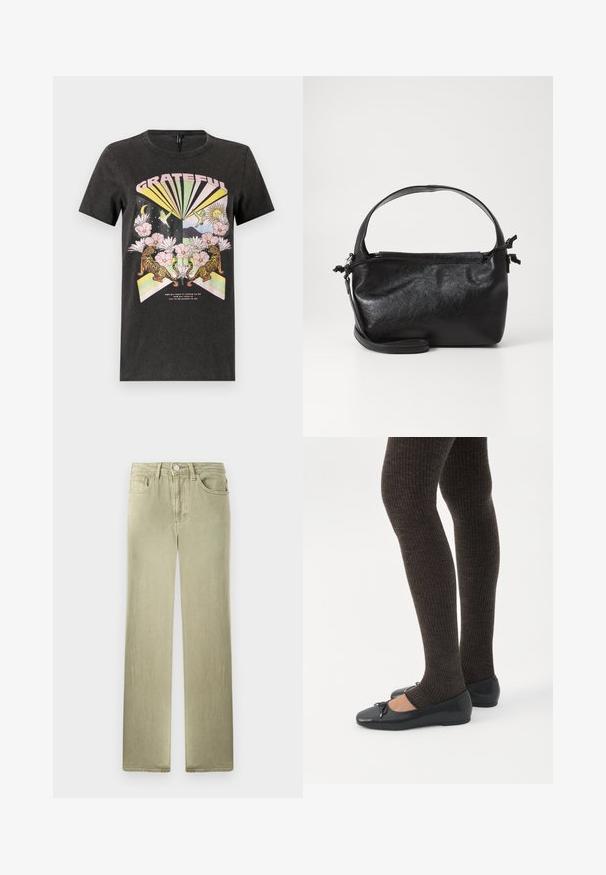 Sort bomulds t-shirt med et farverigt grafisk design med tigre, blomster og geometriske former. Teksten "GRATEFUL" er fremtrædende.; Beige straight-leg jeans med for- og baglommer, knap- og lynlås-lukning, vist mod en hvid baggrund.; Ben iført mørke ribbede leggings kombineret med sorte balletsko med små sløjfedetaljer på hvid baggrund.; Sort læderhåndtaske med et struktureret design, rund tophåndtag og aftagelig skulderrem. Den har en glat tekstur og en subtil glans.