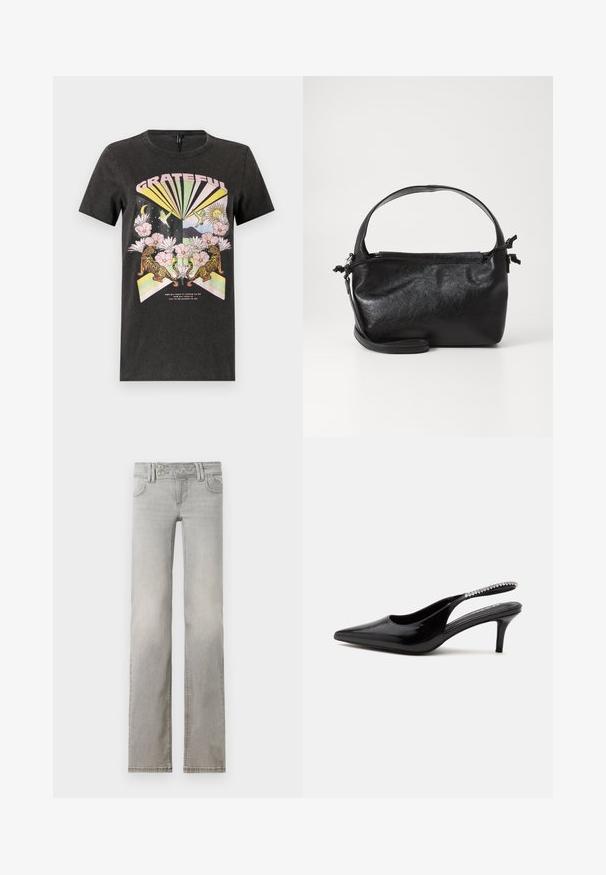 Sort bomulds t-shirt med et farverigt grafisk design med tigre, blomster og geometriske former. Teksten "GRATEFUL" er fremtrædende.; Lys grå jeans med lige ben-design, lavet af denim. Har to forlommer, en talje med to knapper og synlige syninger.; Sort spids slingback kitten heel-sko med en række små klare rhinsten på remmen mod en hvid baggrund.; Sort læderhåndtaske med et struktureret design, rund tophåndtag og aftagelig skulderrem. Den har en glat tekstur og en subtil glans.