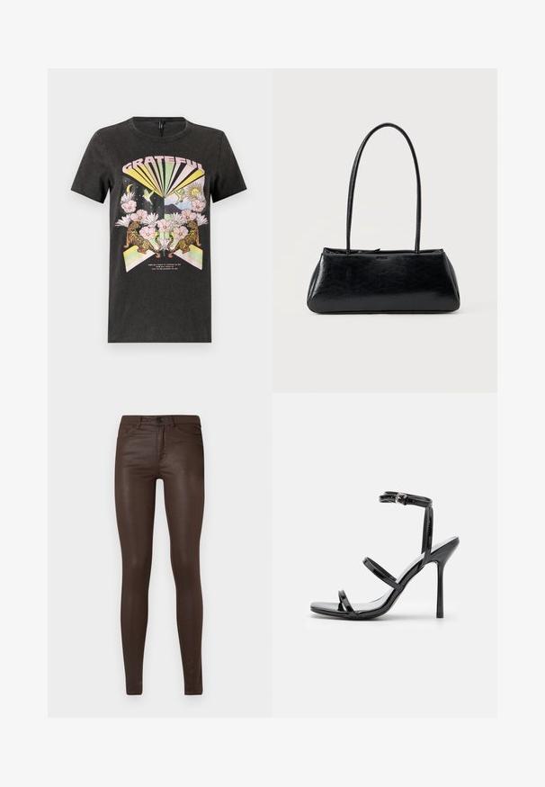 Sort bomulds t-shirt med et farverigt grafisk design med tigre, blomster og geometriske former. Teksten "GRATEFUL" er fremtrædende.; Mørkebrune, slim-fit belagte jeans med frontlommer, bæltestropper og knaplukning på en ensfarvet hvid baggrund.; Sorte patentlæder højhælede sandaler med tre horisontale stropper og en justerbar ankelstrop. Elegant silhuet og skinnende finish.; Sort rektangulær skuldertaske med lange tynde stropper og en glat, blank tekstur på en ensfarvet baggrund.