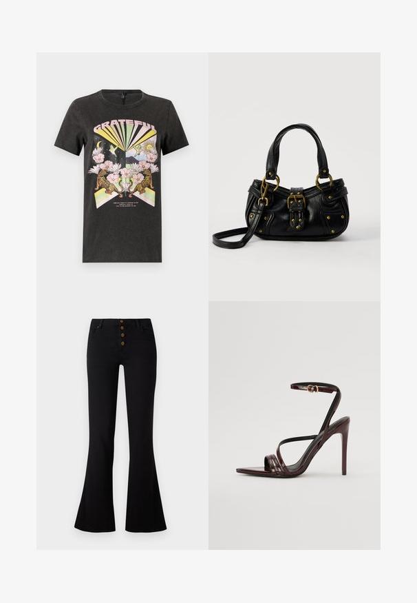 Zwarte katoenen T-shirt met een kleurrafische print van tijgers, bloemen en geometrische vormen. De tekst "GRATEFUL" staat prominent weergegeven.; Zwarte flared jeans met een hoge taille en vijf knopen. Gemaakt van denim met een gladde textuur en een lichte stretch voor comfort.; Bordeaux gepatineerde leren hoge hakken sandaal met een enkelbandje, puntige neus en drie horizontale banden over de voet. Details met gouden gesp.; Zwarte leren handtas met gouden gesp en klinknagel details, korte handvatten en een verstelbare schouderriem op een effen witte achtergrond.
