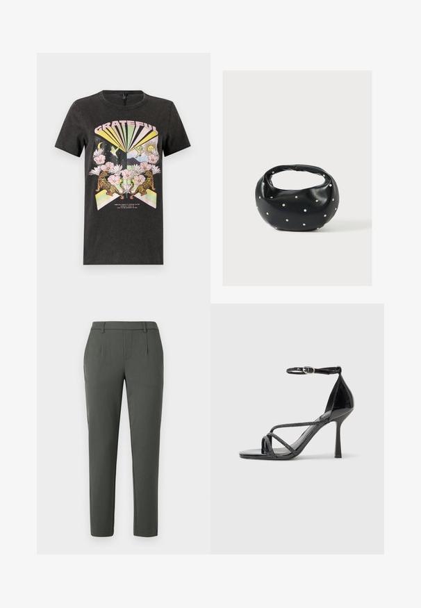 Sort bomulds t-shirt med et farverigt grafisk design med tigre, blomster og geometriske former. Teksten "GRATEFUL" er fremtrædende.; Mørkegrønne bukser med skræddersyet pasform, der har to sidelommer, lynlås, og lægdetaljer for en struktureret design.; Sorte laklæder højhælede sandal med ankelrem, der har krydskrydsede stropper og en slank spids tå.; Sort læderhåndtaske med en rundet form, dekoreret med sølvnitter, og et kort håndtag. Glat tekstur og lynlåslukning.