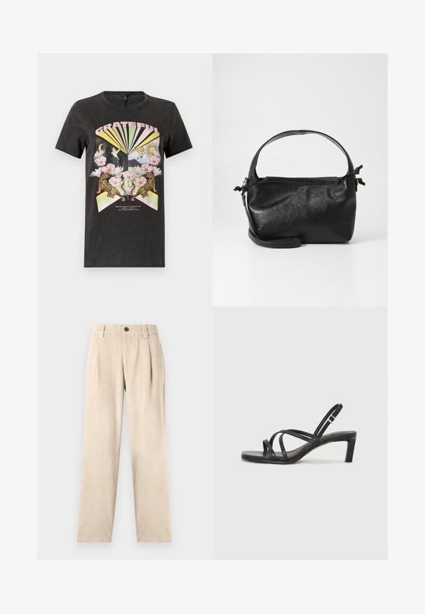 Zwarte katoenen T-shirt met een kleurrafische print van tijgers, bloemen en geometrische vormen. De tekst "GRATEFUL" staat prominent weergegeven.; Beige corduroy rechte pijpen broek met riemlussen, voorplooien, zakken en een zwarte knoopsluiting in de taille.; Zwarte sandaal met bandjes, vierkante teen en een lage blokhak. Voorzien van meerdere dunne bandjes en een verstelbare enkelband. Gemaakt van zacht leer.; Zwarte leren handtas met een gestructureerd ontwerp, een ronde bovenhandgreep en een afneembare schouderriem. Beschikt over een gladde textuur en een subtiele glans.