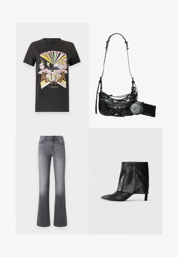 Sort bomulds t-shirt med et farverigt grafisk design med tigre, blomster og geometriske former. Teksten "GRATEFUL" er fremtrædende.; Højtaljede, brede jeans i mørkegråt denim med forlommer, knaplukning og subtilt falmede effekter mod kanten.; Sort læderstøvle til midten af læggen med spids tå, foldet øvre skaft og slank lav hæl, der står på hvid baggrund.; Sort syntetisk læder håndtaske med en buet design, lynlåslomme foran og dekorativ hardware med en aftagelig rund møntpung.